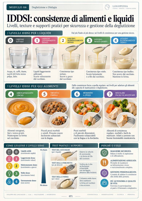 IDDSI: consistenze di alimenti e liquidi — pagina delle Mappe Visuali di Logopedia